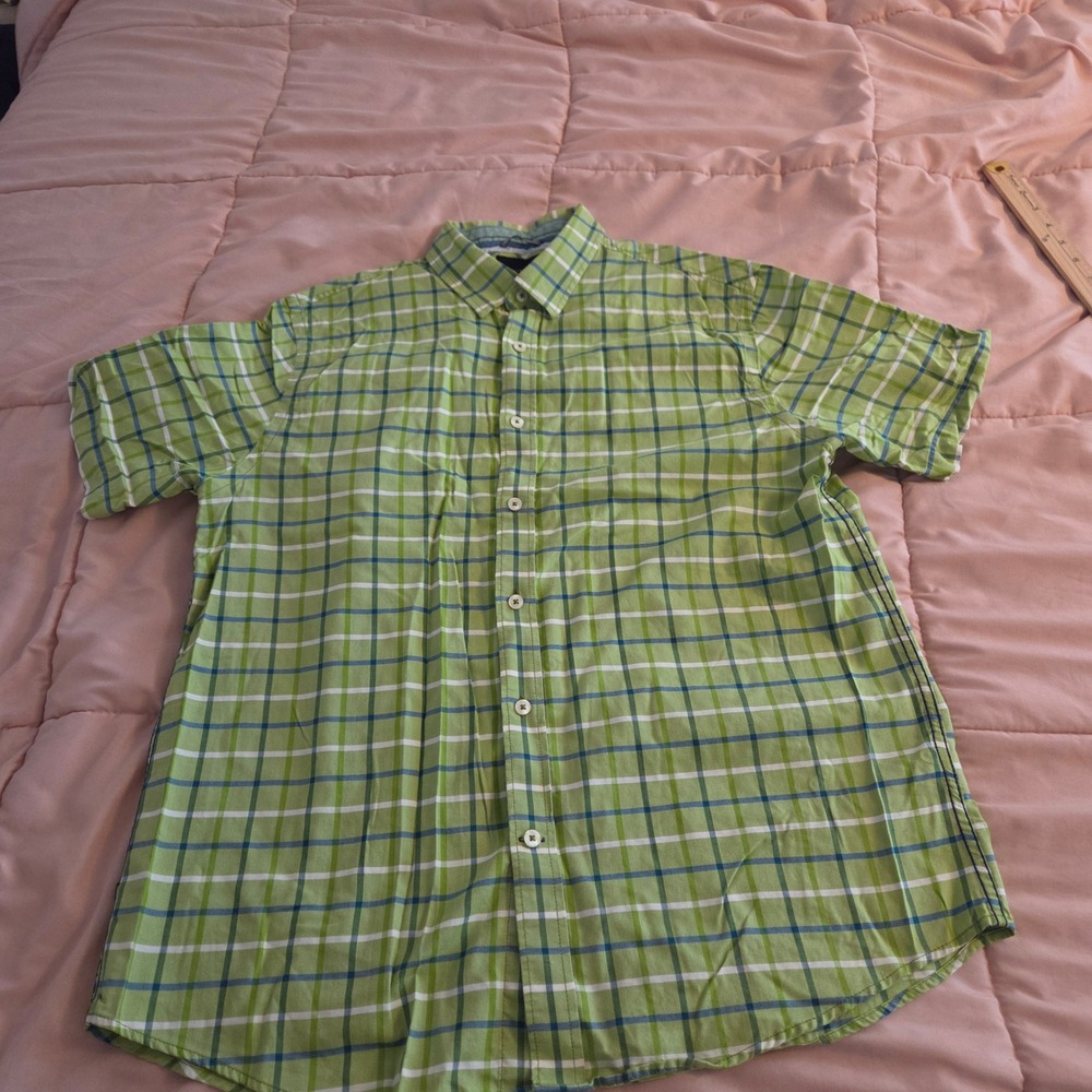 Geoffrey Beene Mens Large Kiwi Green Plaid Short Sleeve Cotton Button Down Shirt